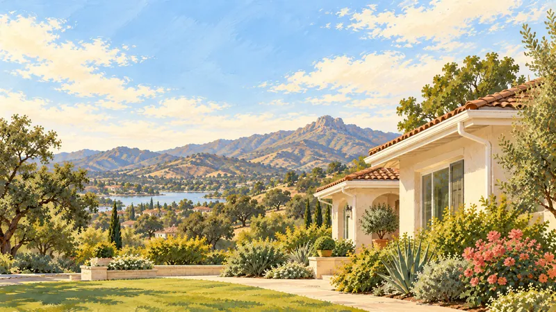 Illustration: a Mediterranean home with white gutters above Westlake Lake, oak hills and Boney Mountain.