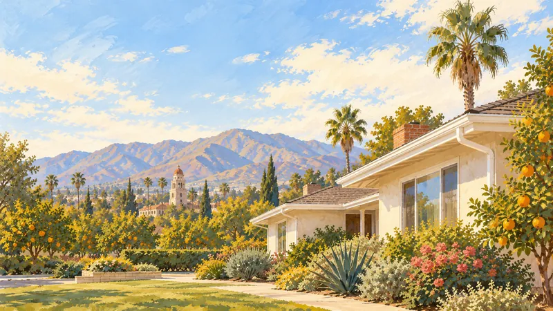 Illustration: a ranch house with white gutters beside a citrus grove, the Mission Inn tower and mountains behind.