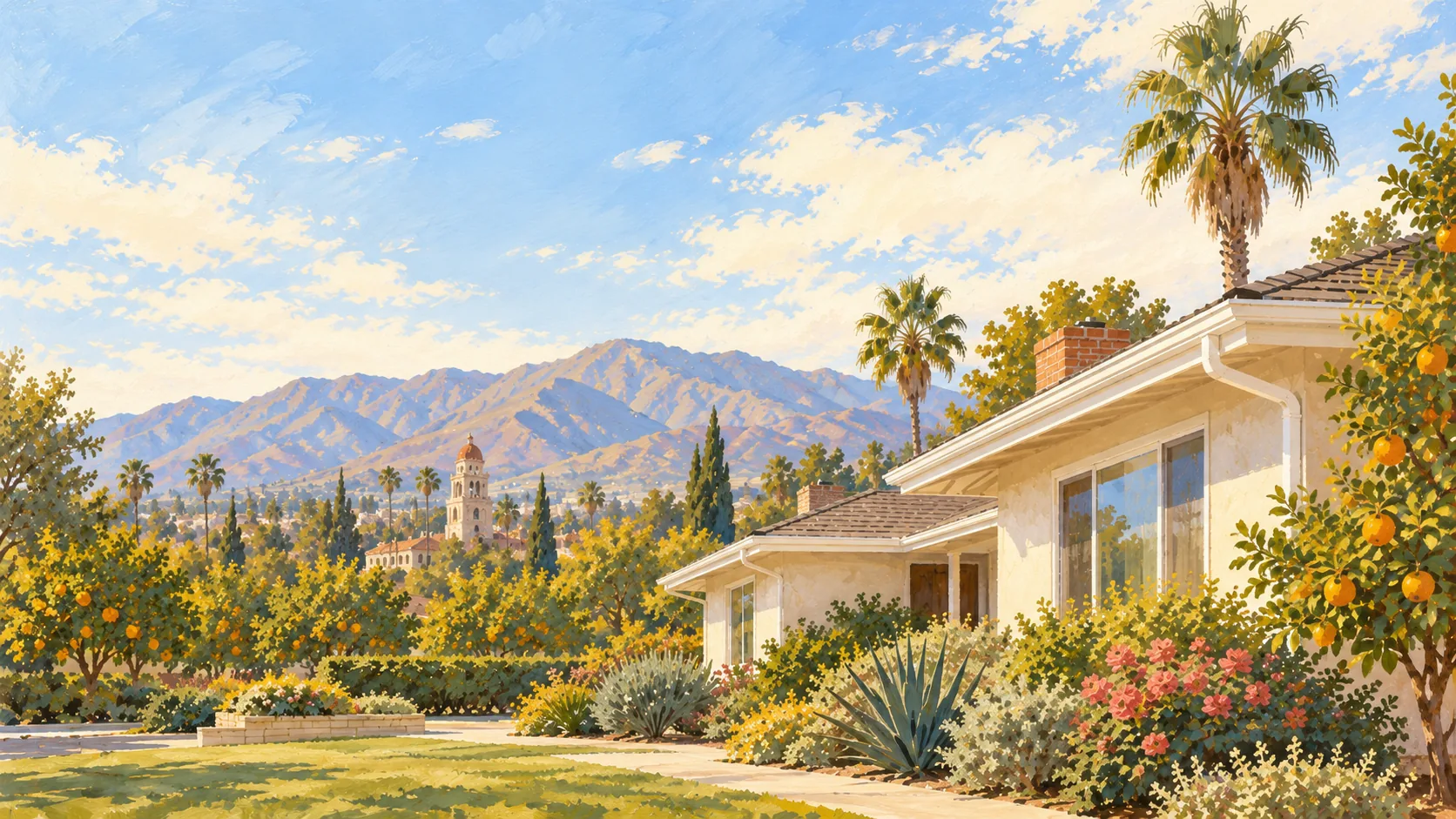 Illustration: a ranch house with white gutters beside a citrus grove, the Mission Inn tower and mountains behind.