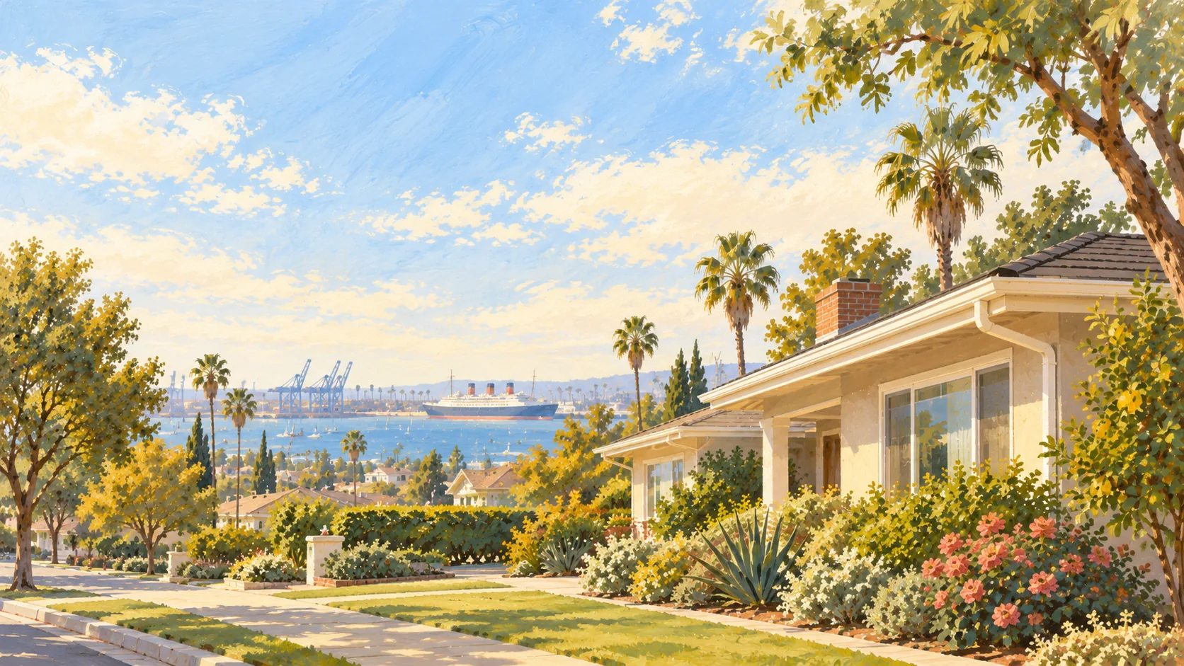 Illustration: a post-war bungalow with white gutters overlooking the harbor and the Queen Mary.