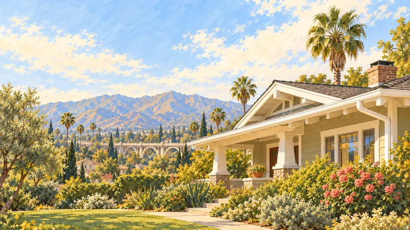 Illustration: a Craftsman bungalow with white gutters, the Colorado Street Bridge and the San Gabriel Mountains behind.