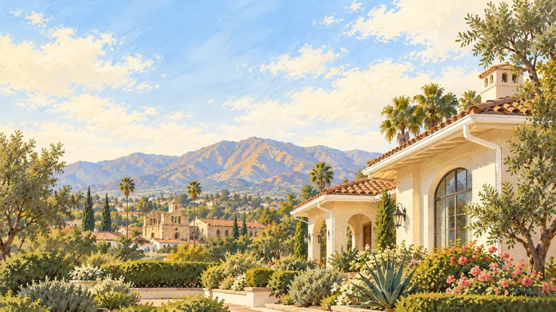 Illustration: a Mediterranean home with white gutters, Mission San Juan Capistrano and the Saddleback peaks behind.