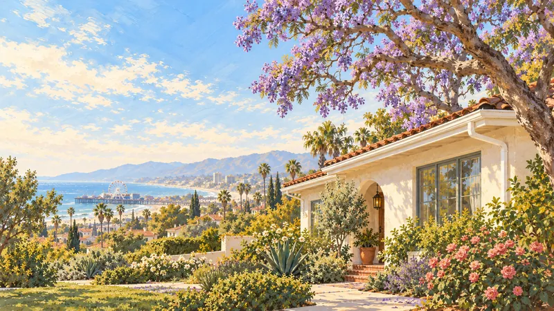 Illustration: a Spanish-style bungalow under a jacaranda, with the Santa Monica Pier Ferris wheel on the coast.