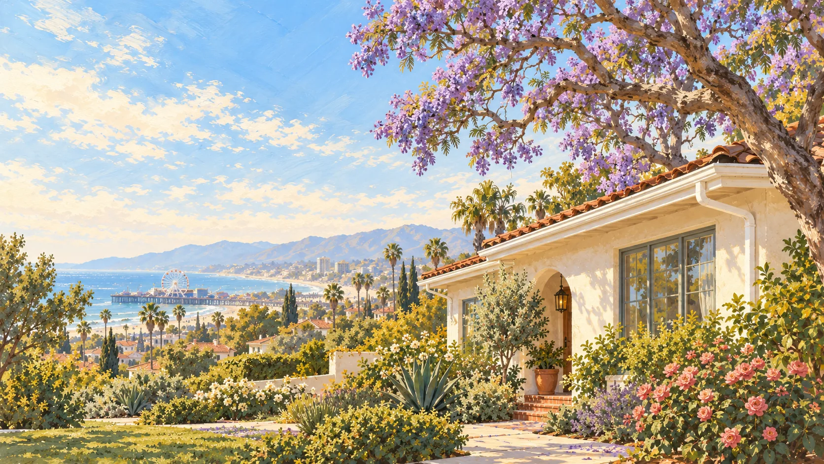Illustration: a Spanish-style bungalow under a jacaranda, with the Santa Monica Pier Ferris wheel on the coast.