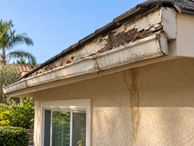 Before: peeling, rotted fascia and a sagging, stained gutter.