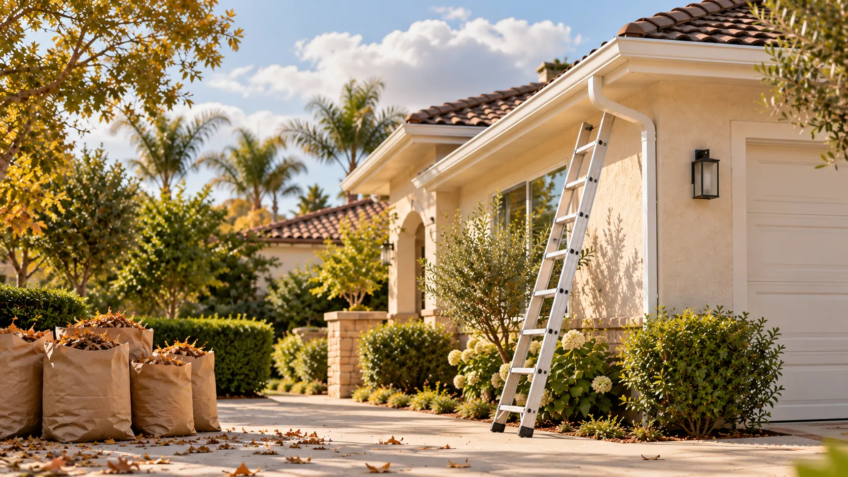 Ladder against a stucco home, leaves bagged on the driveway after a gutter cleaning.