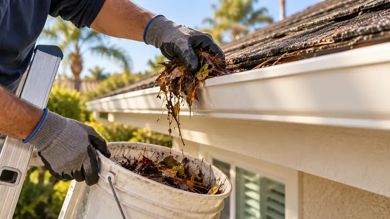 Gloved hands clearing wet leaves out of a gutter into a bucket.