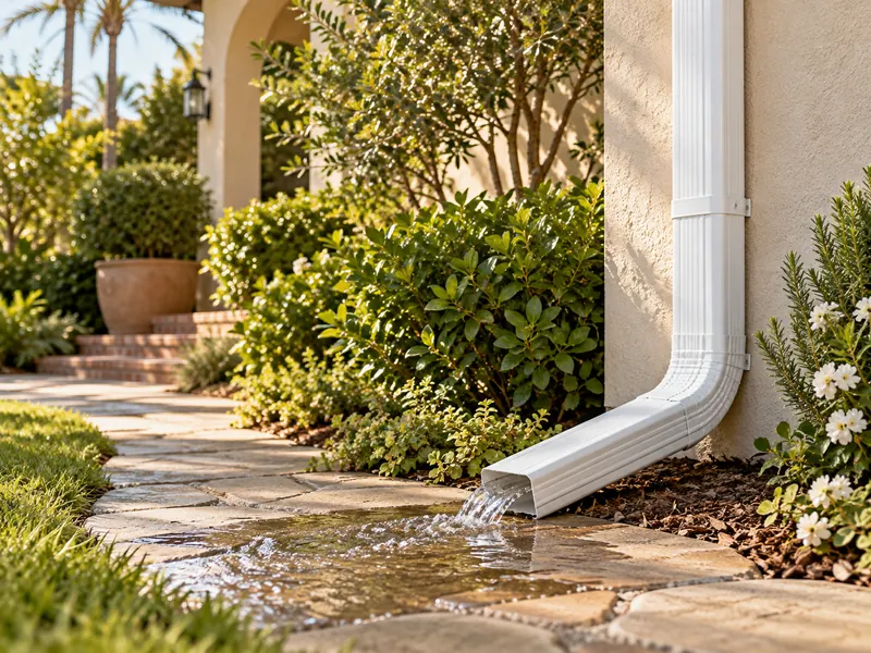 White downspout extension carrying water onto a garden path.