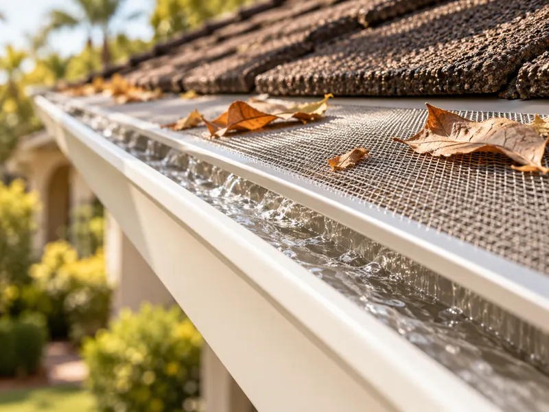 Mesh gutter guard with leaves resting on top and water running beneath.
