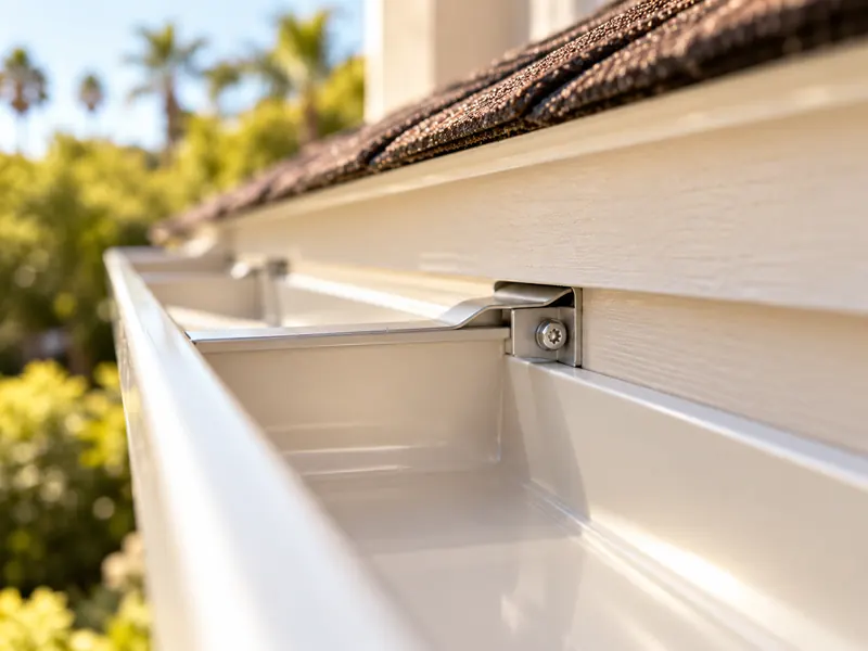 A hidden hanger screwed through a white gutter into the fascia.