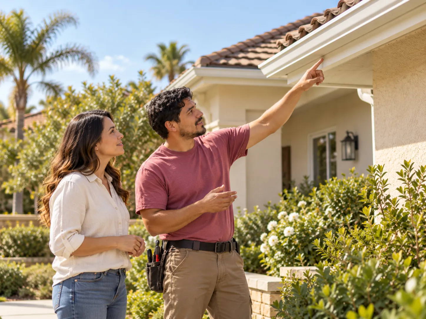 Installer pointing out a spot on the roofline to a homeowner in her front yard.