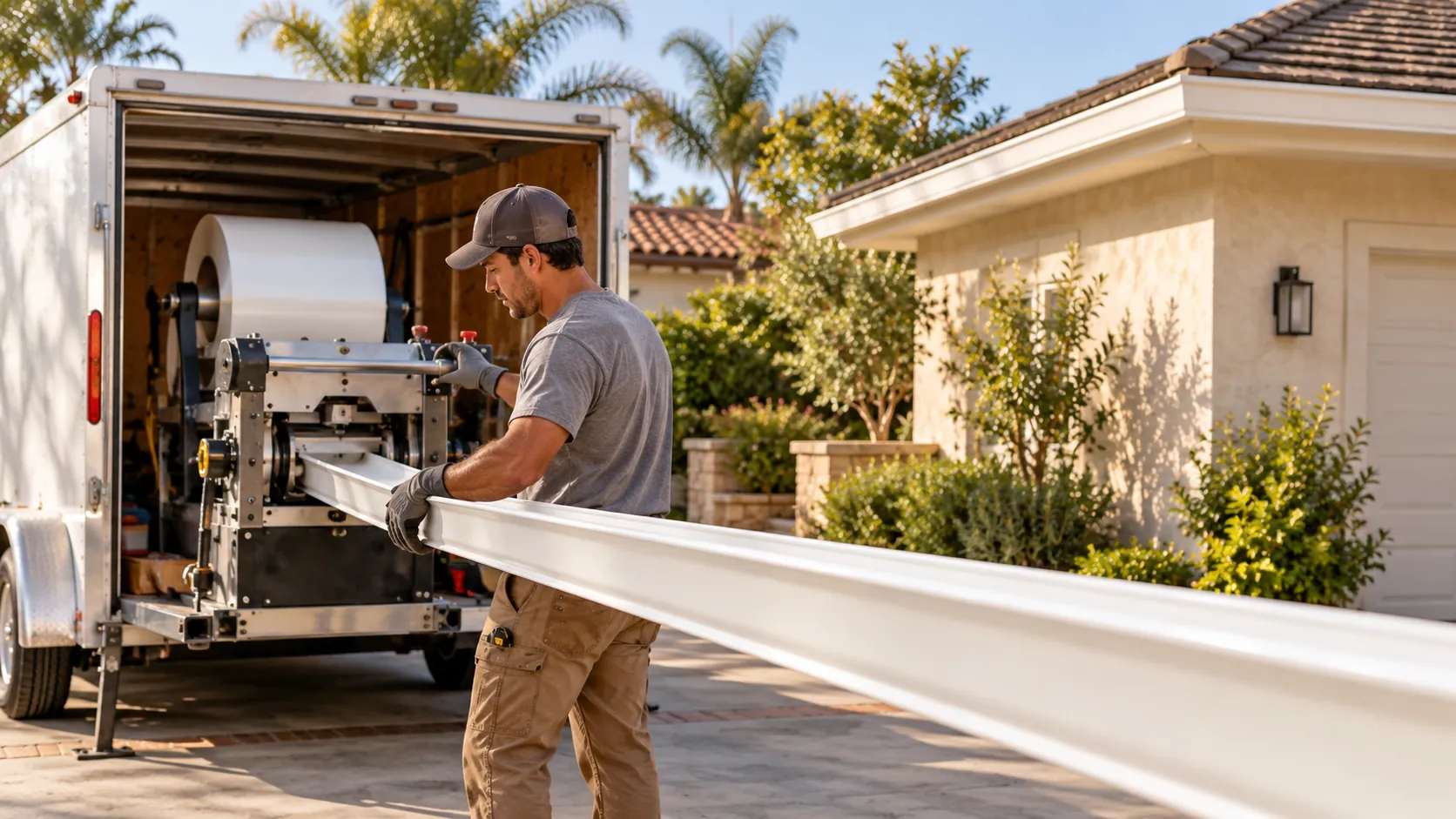 Installer forming a seamless gutter from a coil machine on the driveway.