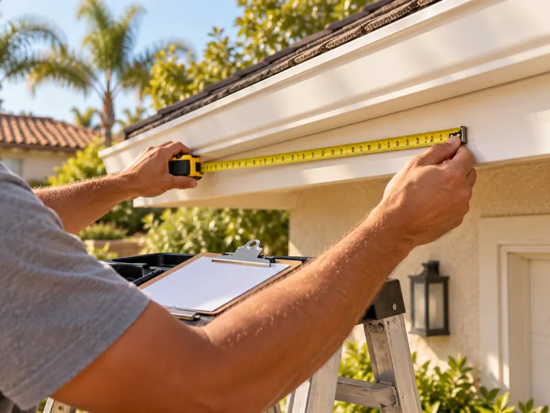 Installer measuring the fascia board with a tape measure, clipboard on the ladder.