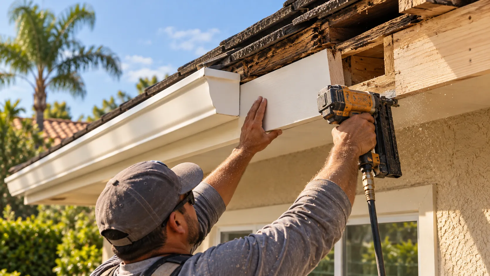 Installer nailing a new primed fascia board in place of rotted wood.
